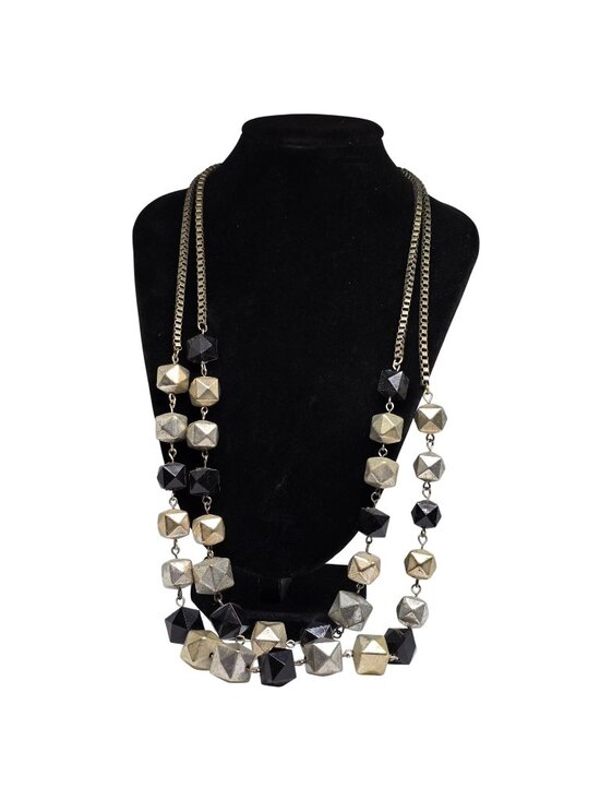 Jewelry - Ruby Rd Layered Statement Necklace Gold Silver Tone Black Geometric Beaded Adjus